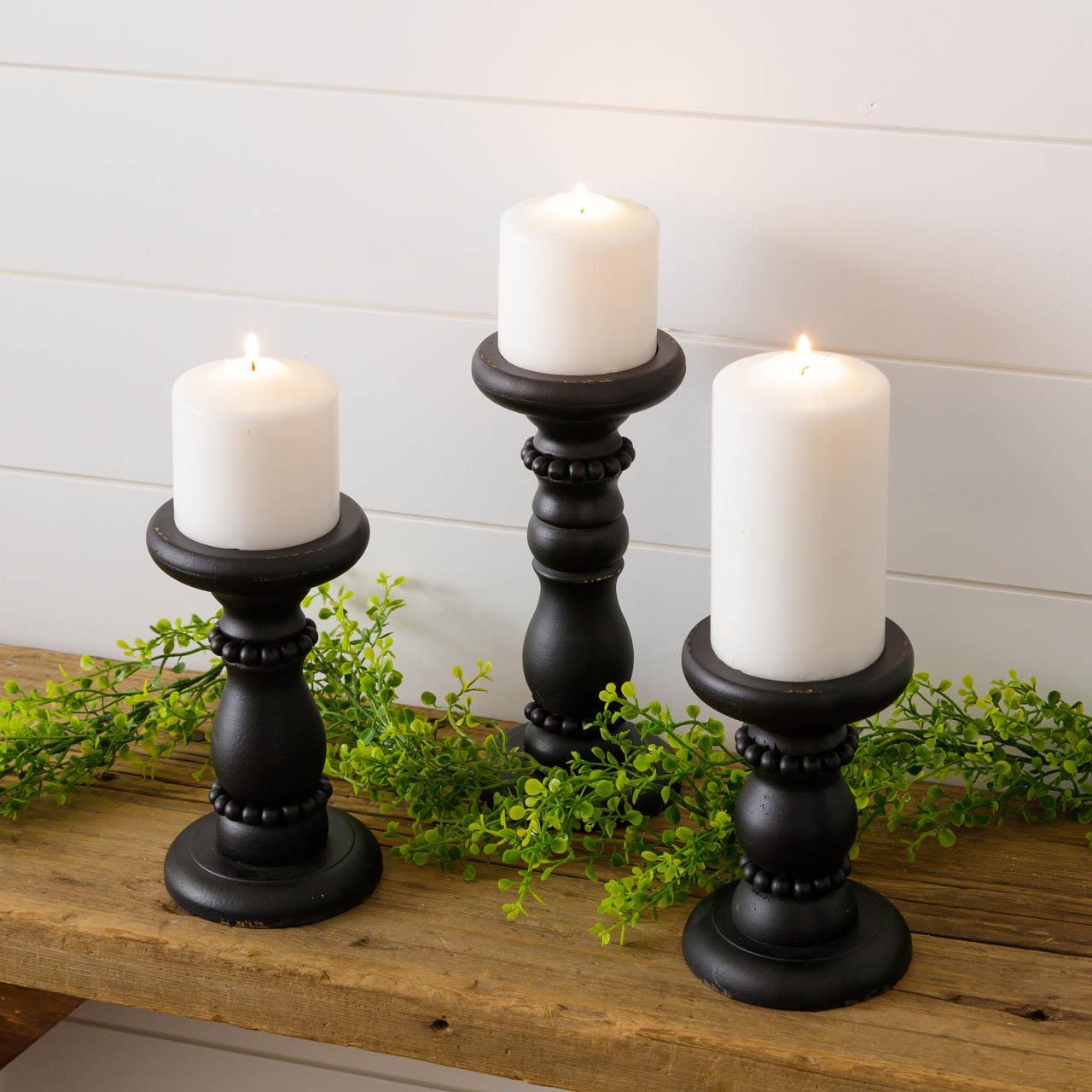 BLACK BEADED CANDLE HOLDERS, Set of 3
