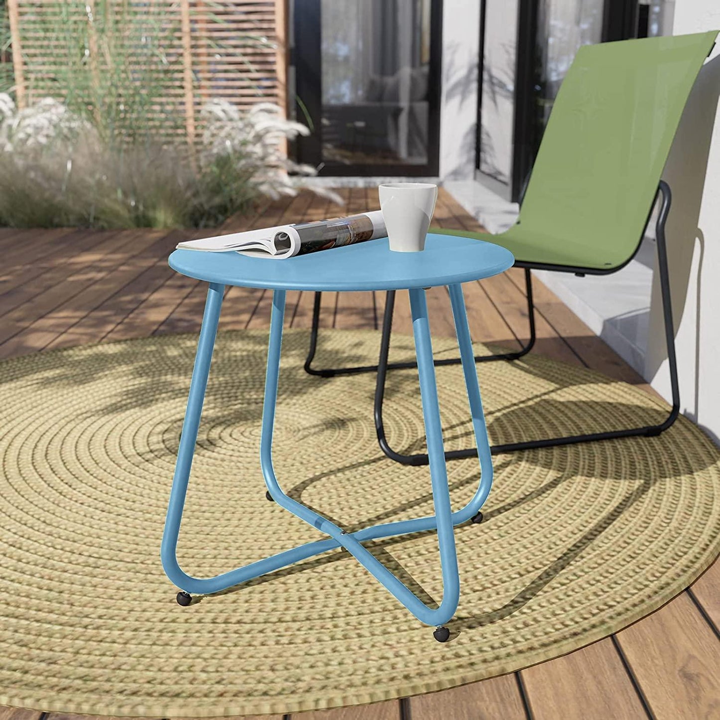 Steel Patio Side Table Outdoor Round End Table, Metal-blue