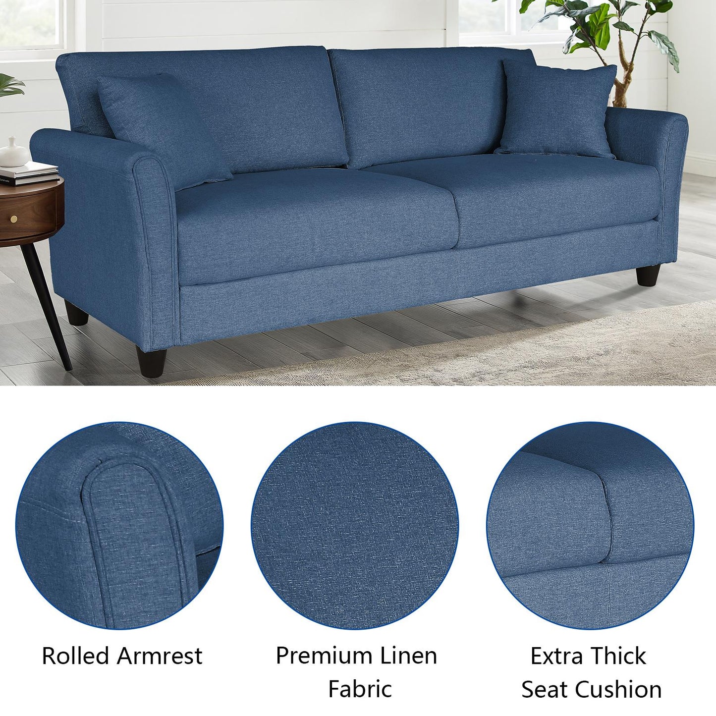 Loveseat Sofa Blue Linen with 2 Pillows